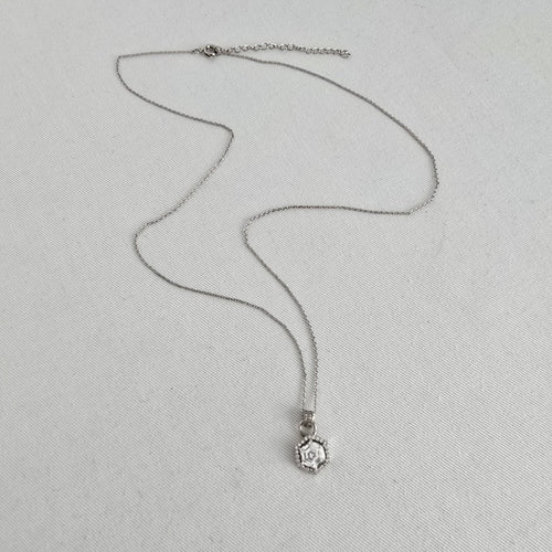 Hexagon Halo Crystal Pendant Necklace Silver Tone Dainty
