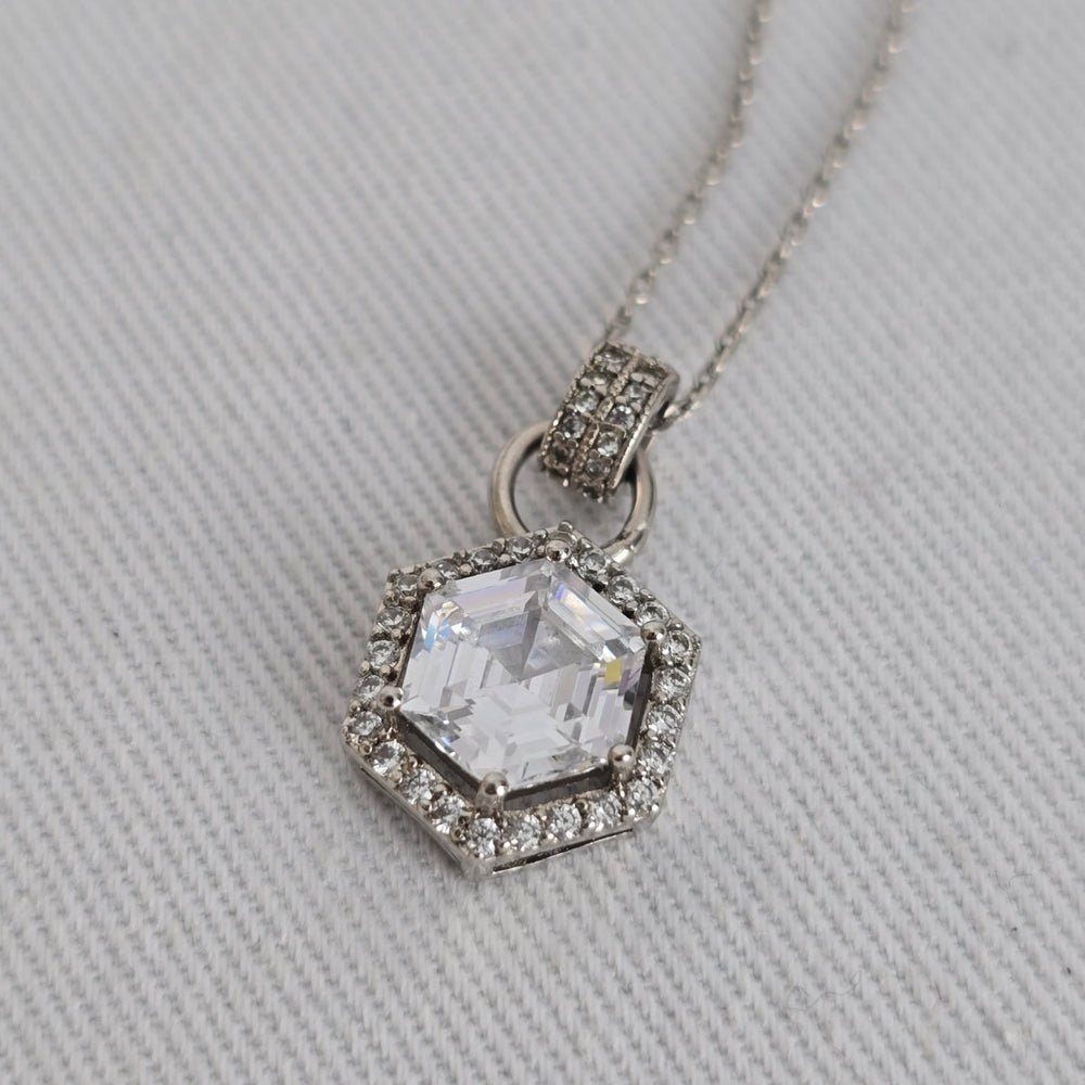 Hexagon Halo Crystal Pendant Necklace Silver Tone Dainty