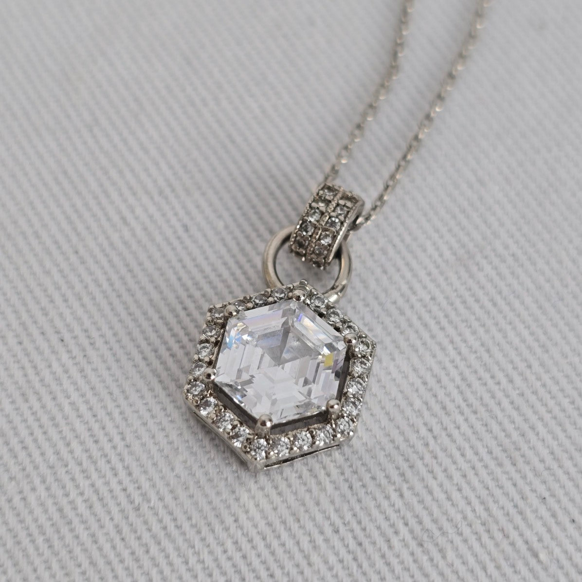 Hexagon Halo Crystal Pendant Necklace Silver Tone Dainty