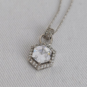 Hexagon Halo Crystal Pendant Necklace Silver Tone Dainty