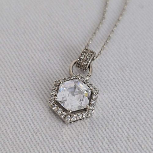 Hexagon Halo Crystal Pendant Necklace Silver Tone Dainty