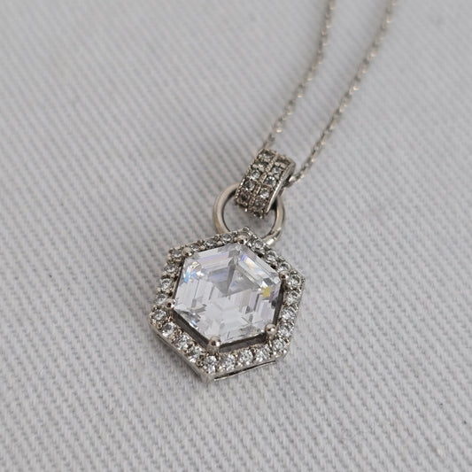 Hexagon Halo Crystal Pendant Necklace Silver Tone Dainty