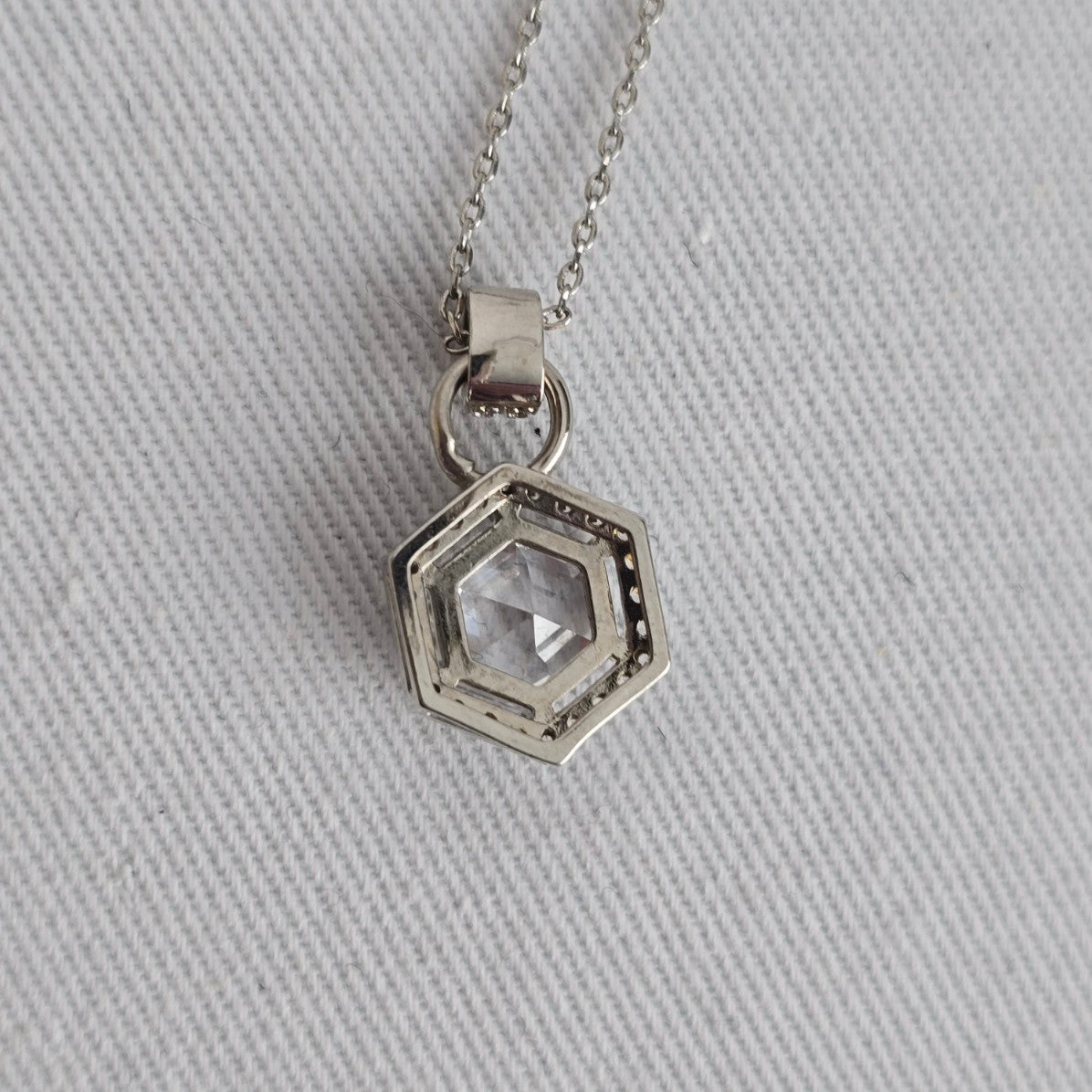 Hexagon Halo Crystal Pendant Necklace Silver Tone Dainty