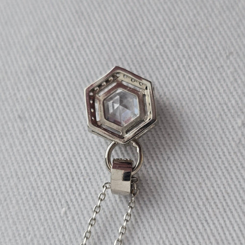 Hexagon Halo Crystal Pendant Necklace Silver Tone Dainty