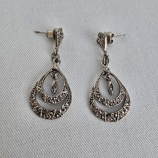 Vintage Style Marcasite Drop Earrings Silver Tone Dangle