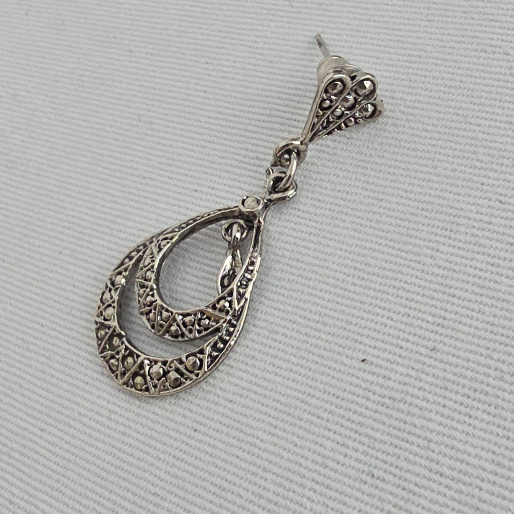 Vintage Style Marcasite Drop Earrings Silver Tone Dangle