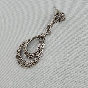Vintage Style Marcasite Drop Earrings Silver Tone Dangle