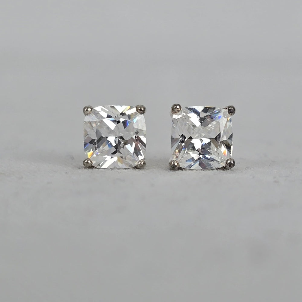 925 Sterling Silver CZ Stud Earrings Cushion Cut