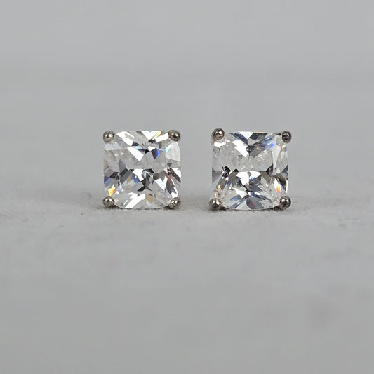 925 Sterling Silver CZ Stud Earrings Cushion Cut