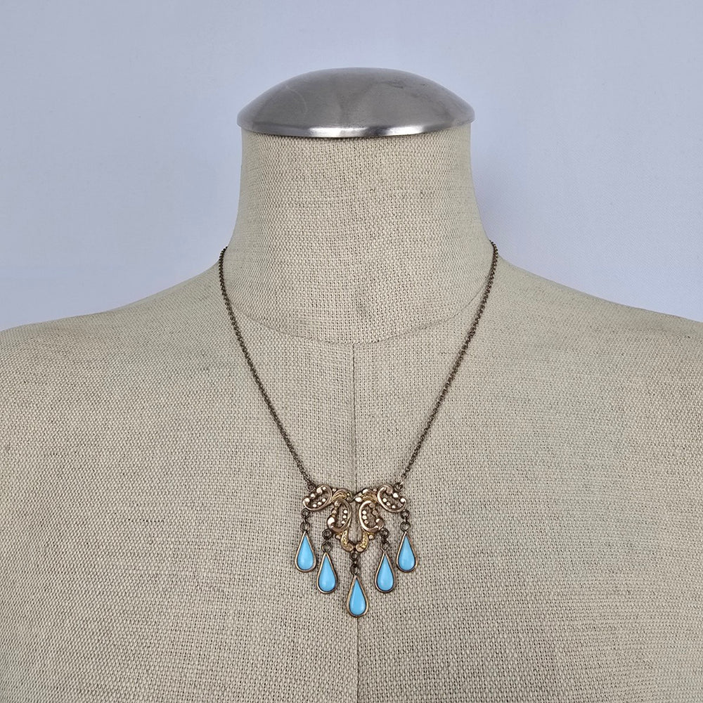 Vintage Gold Tone Turquoise Drop Statement Necklace Boho