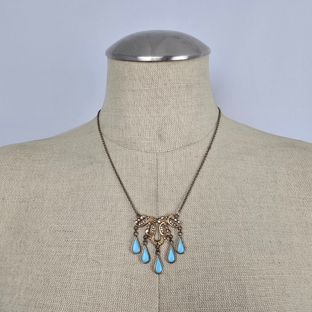 Vintage Gold Tone Turquoise Drop Statement Necklace Boho