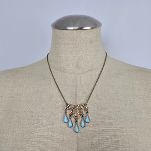 Vintage Gold Tone Turquoise Drop Statement Necklace Boho