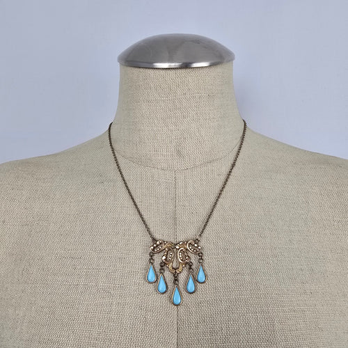 Vintage Gold Tone Turquoise Drop Statement Necklace Boho