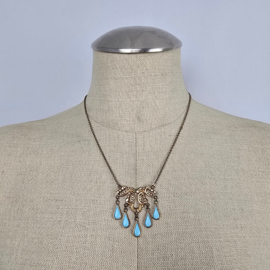 Vintage Gold Tone Turquoise Drop Statement Necklace Boho