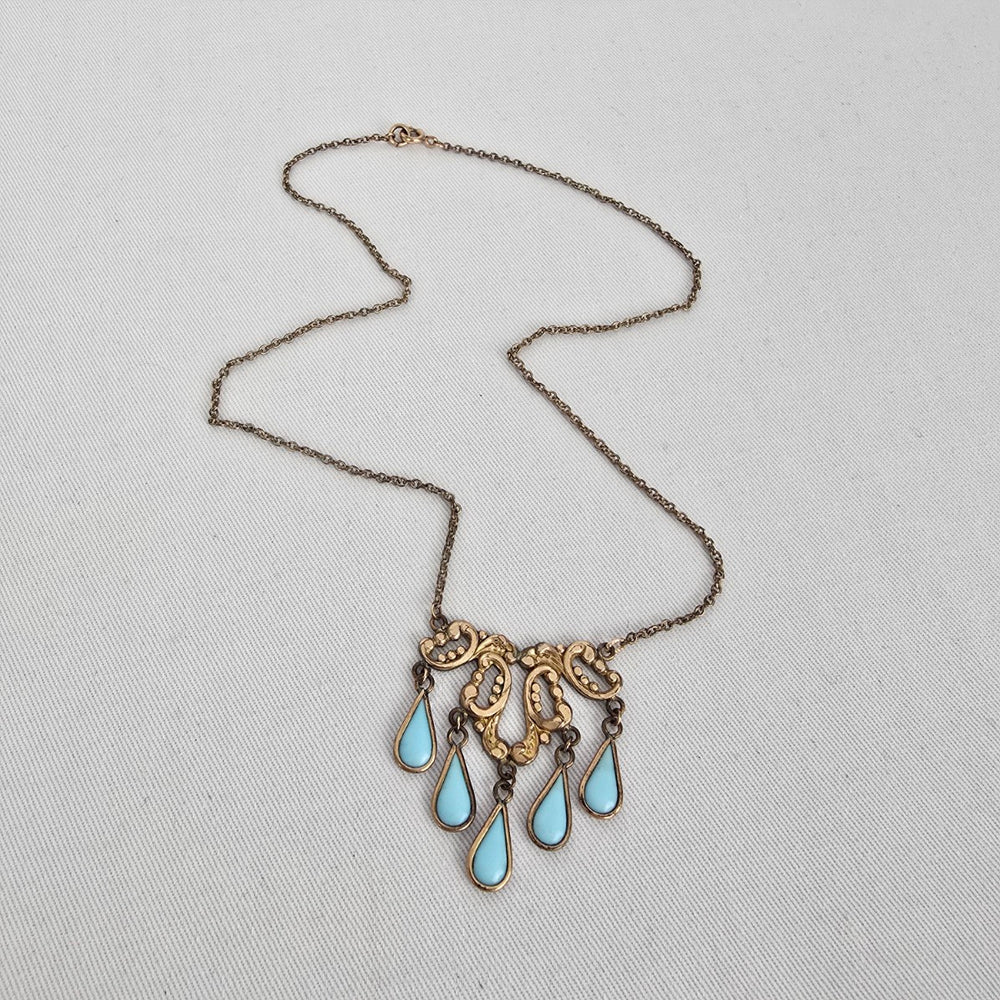 Vintage Gold Tone Turquoise Drop Statement Necklace Boho