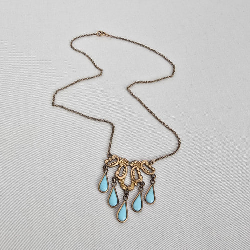 Vintage Gold Tone Turquoise Drop Statement Necklace Boho