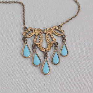 Vintage Gold Tone Turquoise Drop Statement Necklace Boho