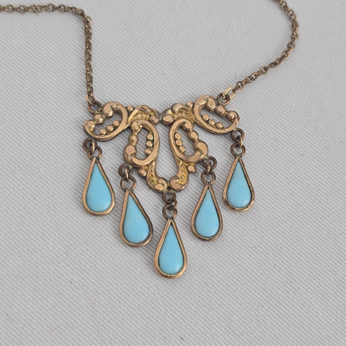 Vintage Gold Tone Turquoise Drop Statement Necklace Boho