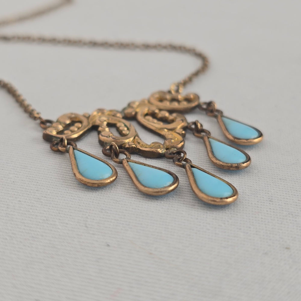 Vintage Gold Tone Turquoise Drop Statement Necklace Boho