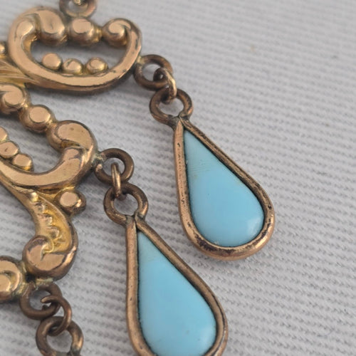 Vintage Gold Tone Turquoise Drop Statement Necklace Boho