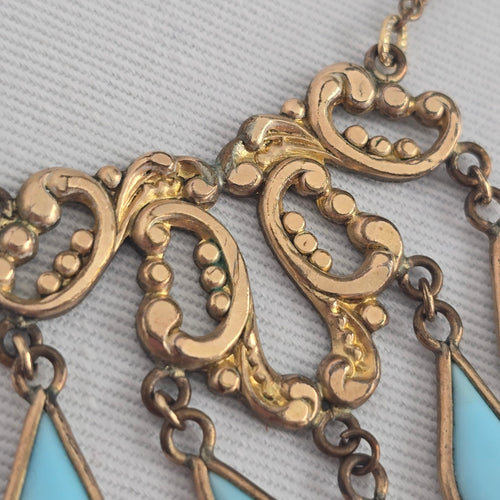 Vintage Gold Tone Turquoise Drop Statement Necklace Boho