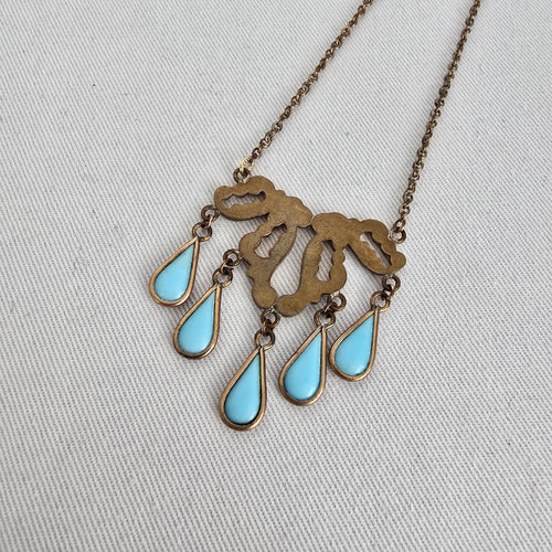 Vintage Gold Tone Turquoise Drop Statement Necklace Boho