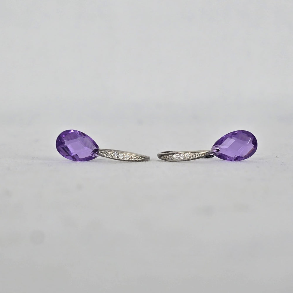 Sterling Silver 925 Purple Drop Dangle Earrings Minimalist CZ Accent