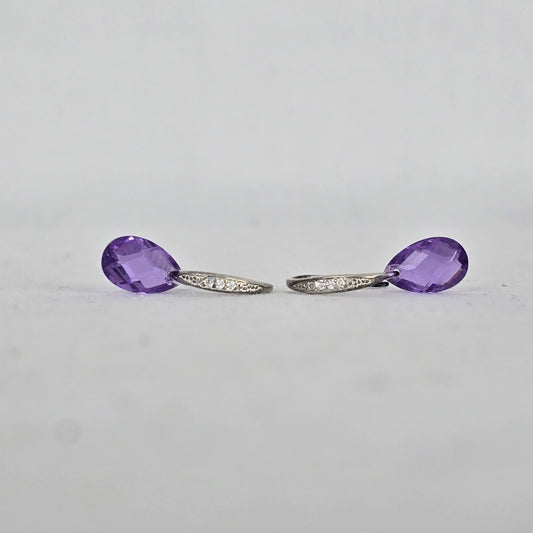 Sterling Silver 925 Purple Drop Dangle Earrings Minimalist CZ Accent