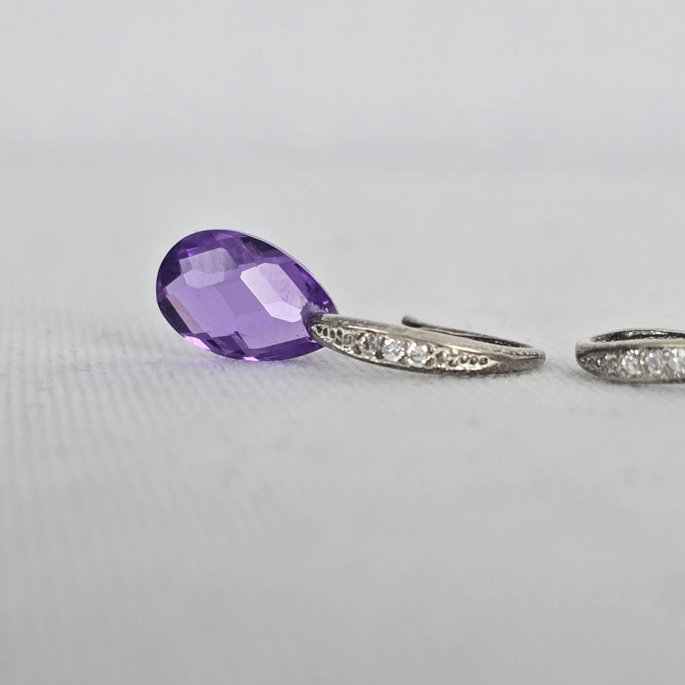 Sterling Silver 925 Purple Drop Dangle Earrings Minimalist CZ Accent