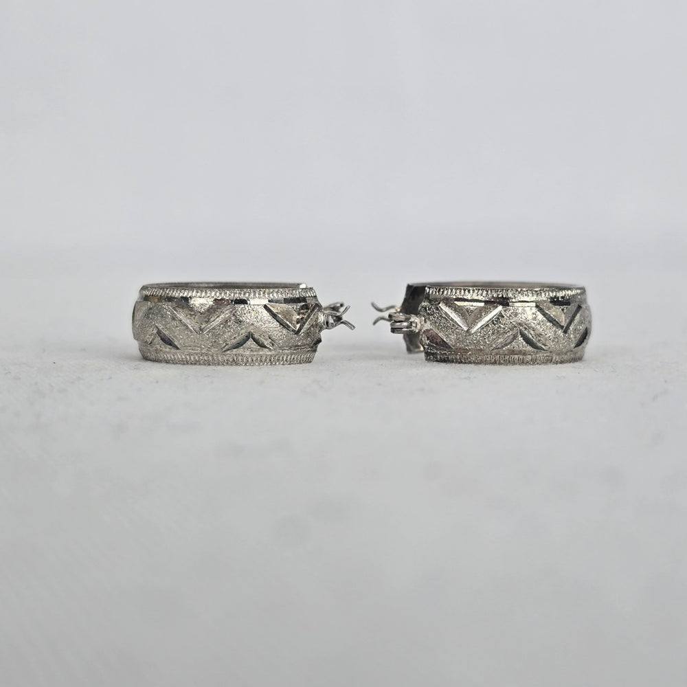 Vintage Silver Etched Wide Hoop Earrings Textured Geometric