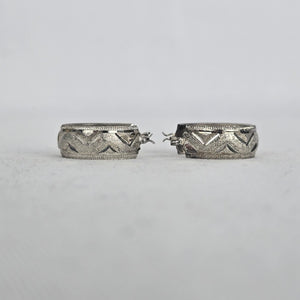 Vintage Silver Etched Wide Hoop Earrings Textured Geometric