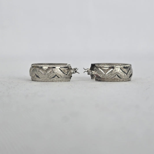 Vintage Silver Etched Wide Hoop Earrings Textured Geometric