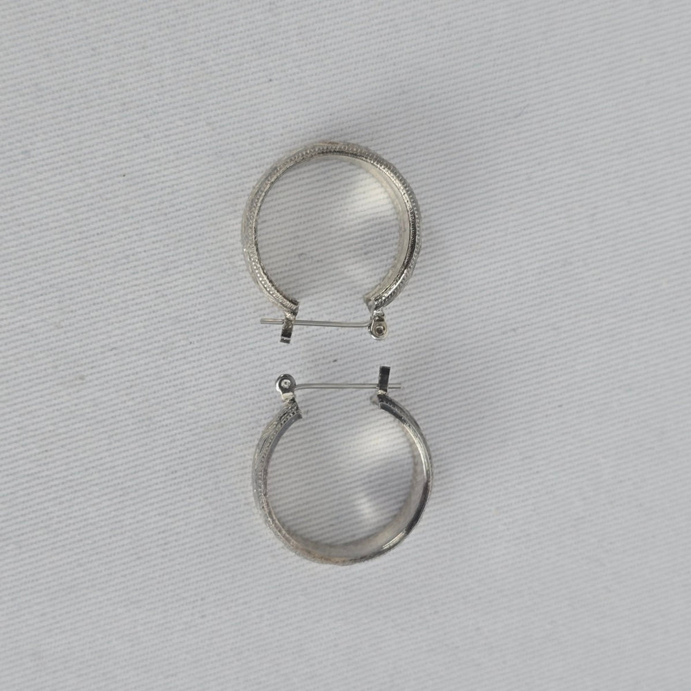 Vintage Silver Etched Wide Hoop Earrings Textured Geometric