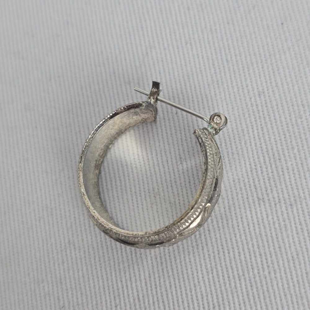 Vintage Silver Etched Wide Hoop Earrings Textured Geometric