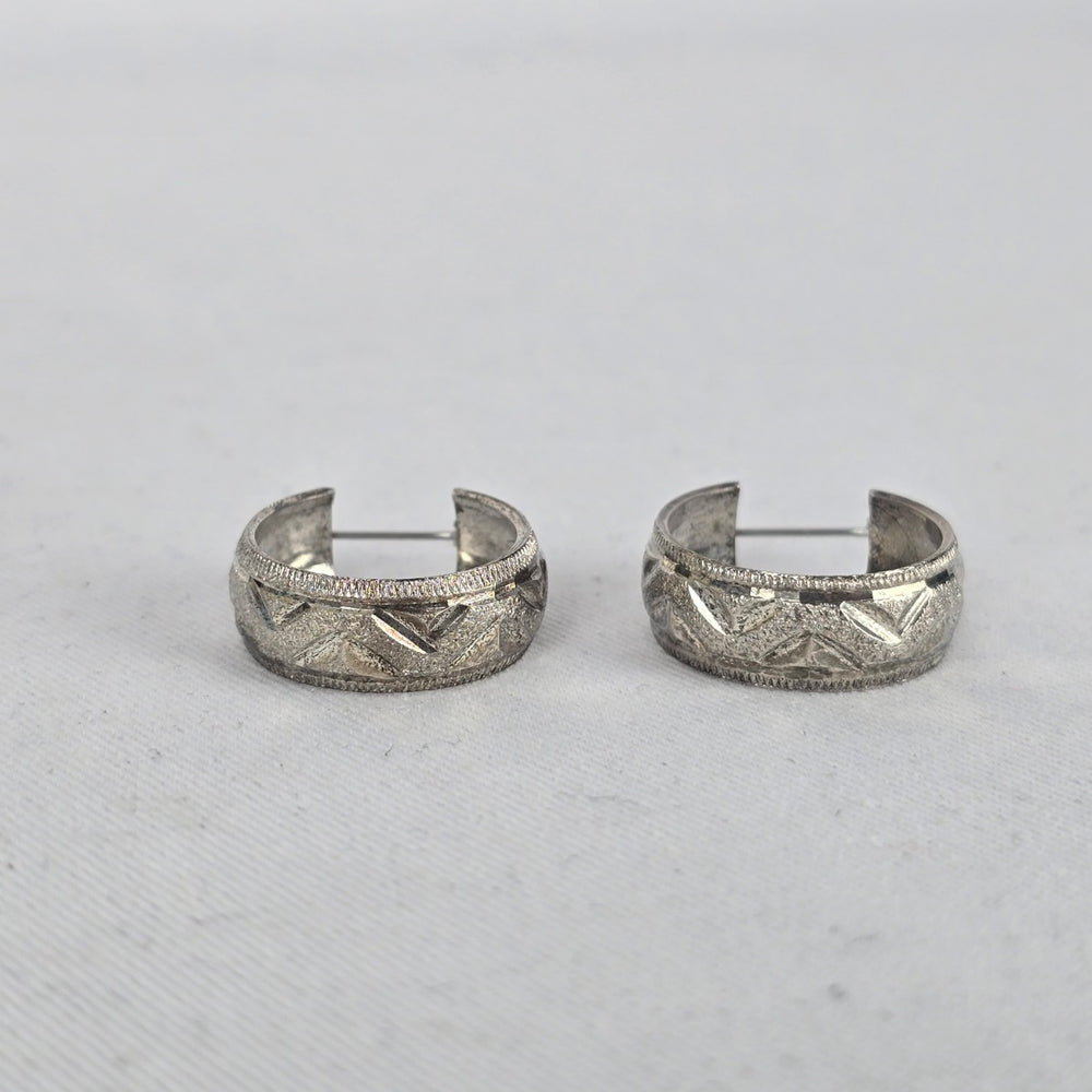 Vintage Silver Etched Wide Hoop Earrings Textured Geometric