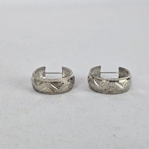 Vintage Silver Etched Wide Hoop Earrings Textured Geometric