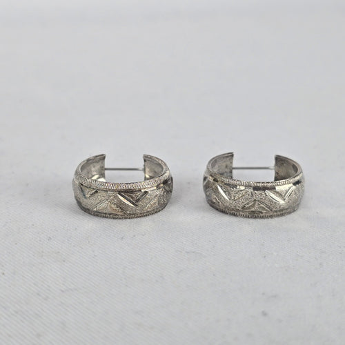 Vintage Silver Etched Wide Hoop Earrings Textured Geometric