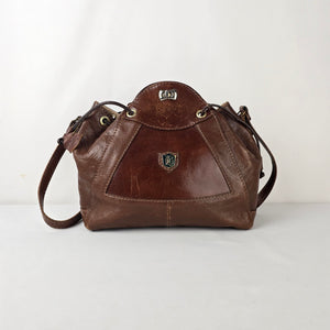 Vintage Brown Leather Drawstring Bag Crest Detail Slouchy Boho Crossbody