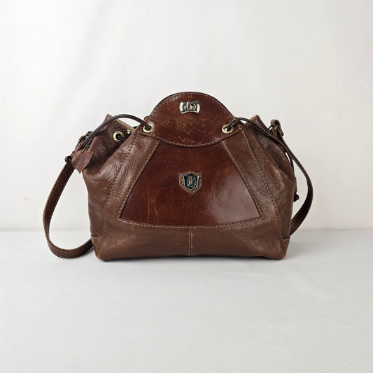 Vintage Brown Leather Drawstring Bag Crest Detail Slouchy Boho Crossbody