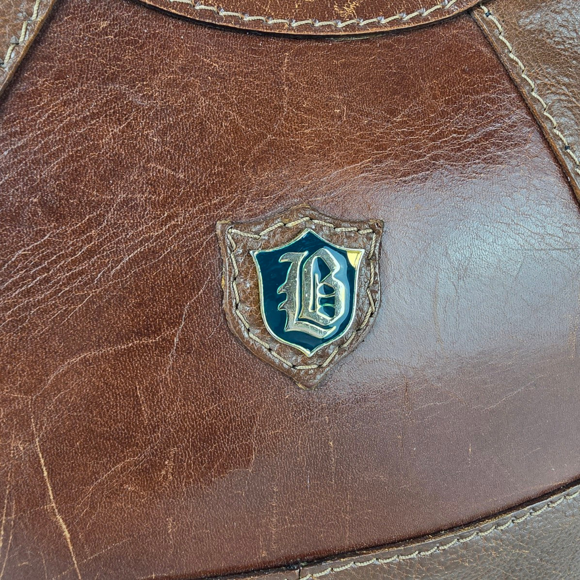 Vintage Brown Leather Drawstring Bag Crest Detail Slouchy Boho Crossbody