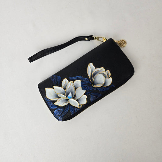 Black Floral Embossed Wallet Wristlet Organizer Zip Around Clutch Purse