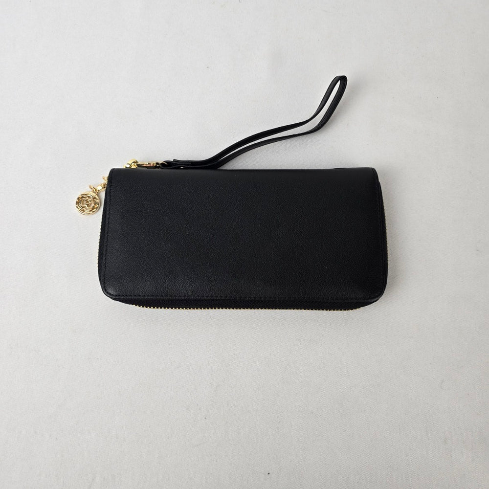 Black Floral Embossed Wallet Wristlet Organizer Zip Around Clutch Purse