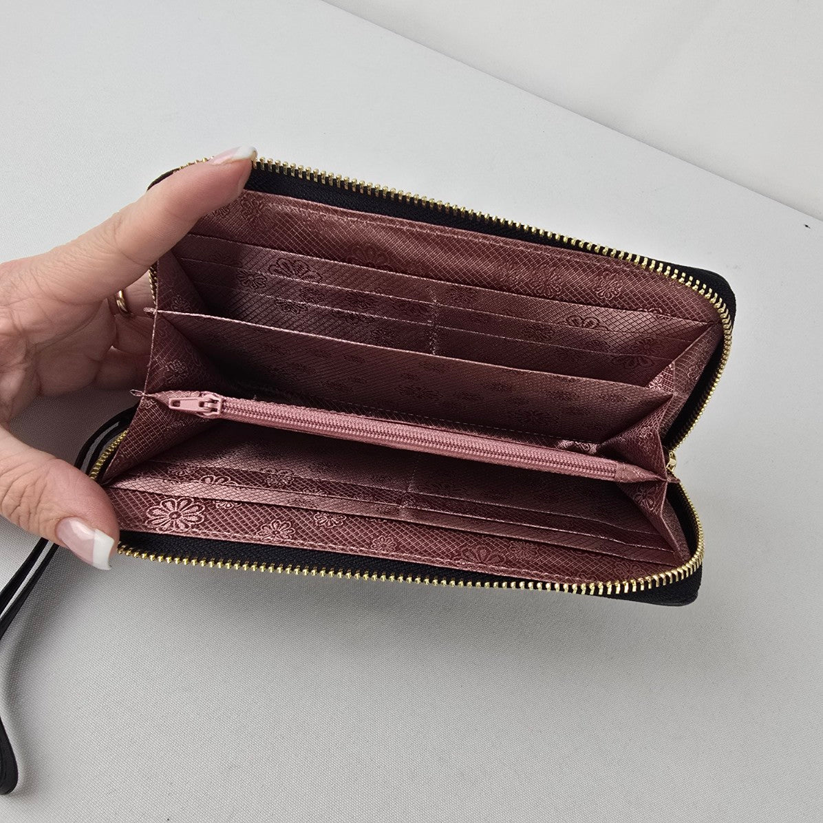 Black Floral Embossed Wallet Wristlet Organizer Zip Around Clutch Purse