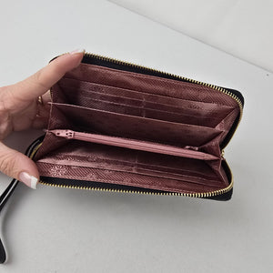 Black Floral Embossed Wallet Wristlet Organizer Zip Around Clutch Purse