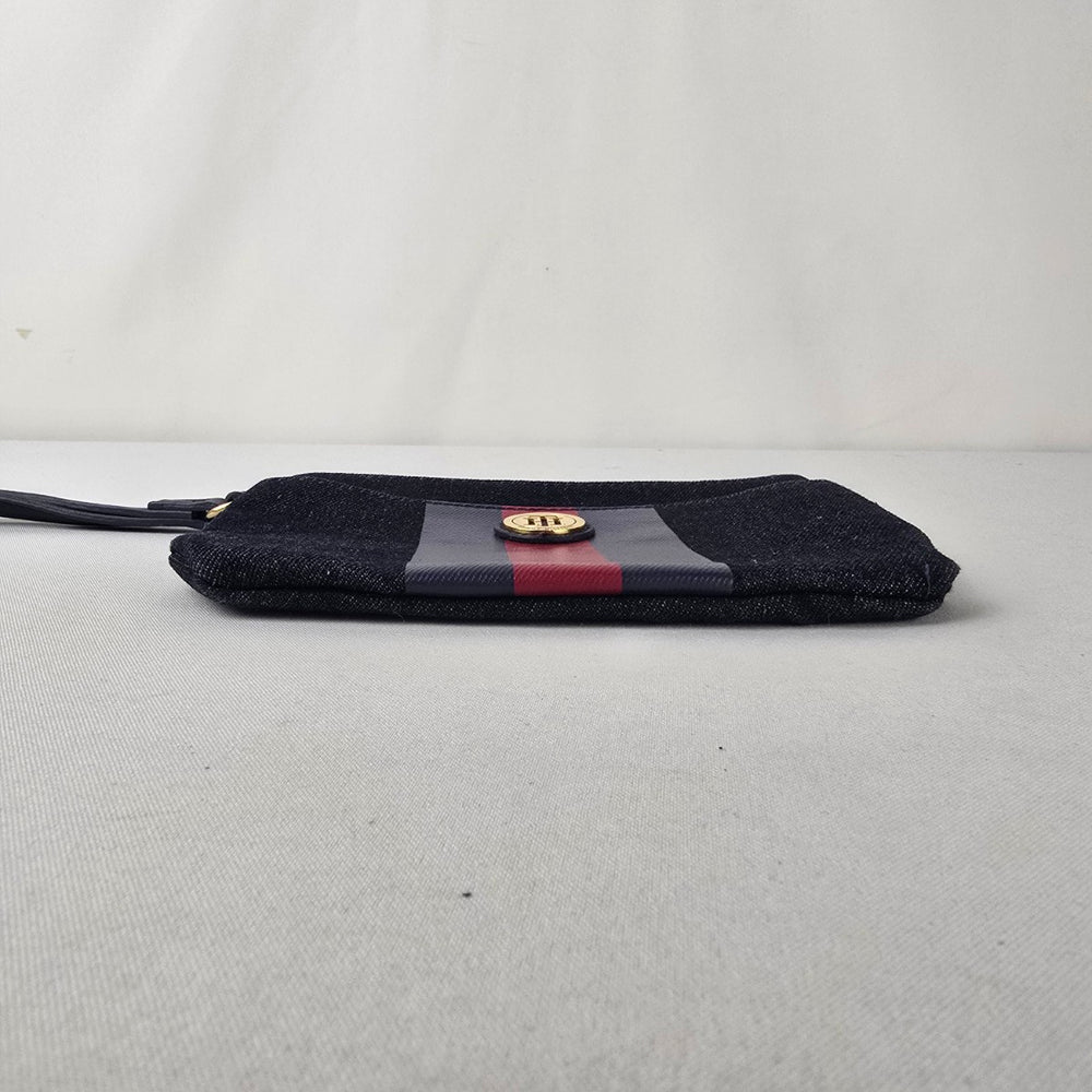 Tommy Hilfiger Denim Wristlet Pouch Navy Red Stripe Logo Zip Clutch