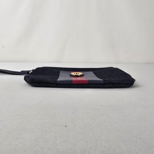 Tommy Hilfiger Denim Wristlet Pouch Navy Red Stripe Logo Zip Clutch