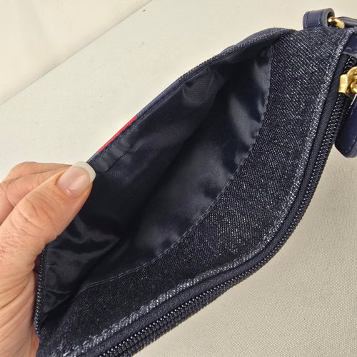 Tommy Hilfiger Denim Wristlet Pouch Navy Red Stripe Logo Zip Clutch