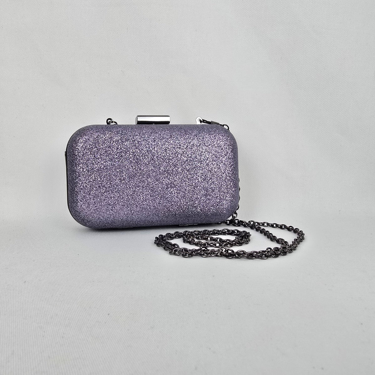 Glitter Hard Case Evening Clutch Purple Silver Chain Strap Formal Bag