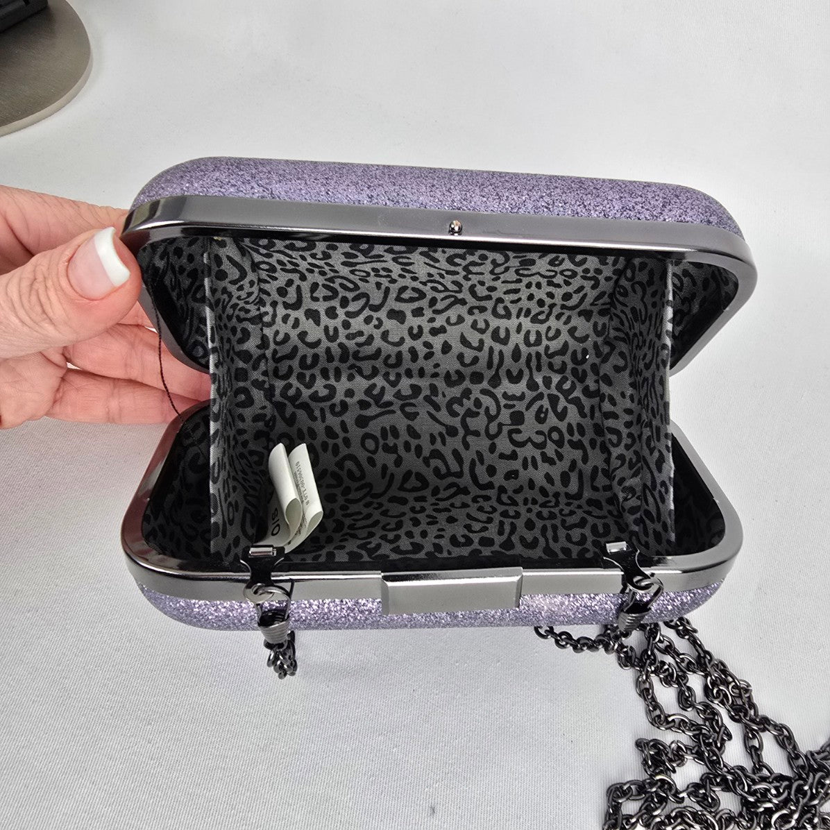 Glitter Hard Case Evening Clutch Purple Silver Chain Strap Formal Bag