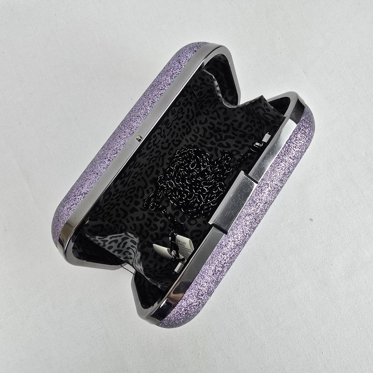 Glitter Hard Case Evening Clutch Purple Silver Chain Strap Formal Bag